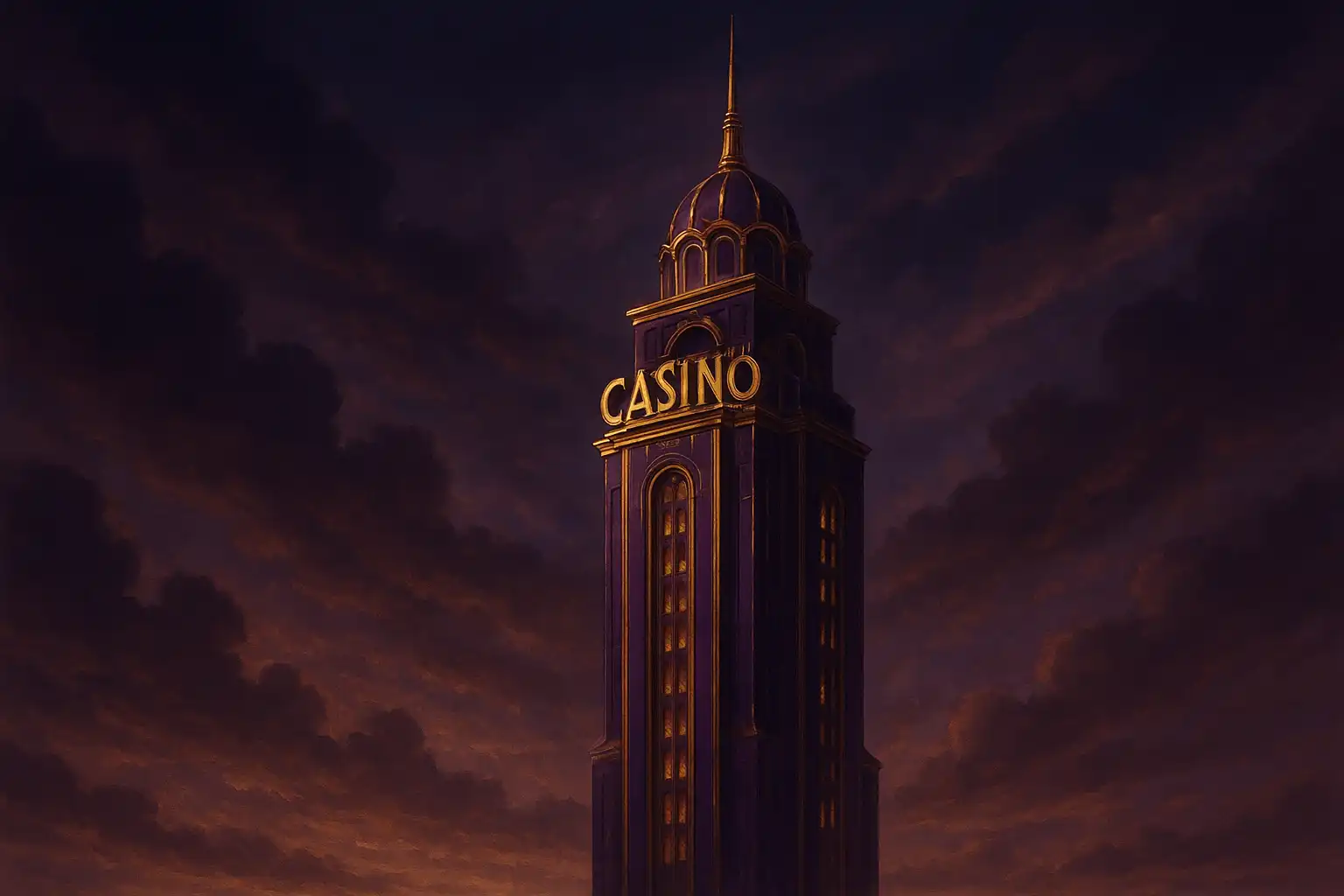 Silhouette of a tall purple and gold tower representing the CrazyTower brand