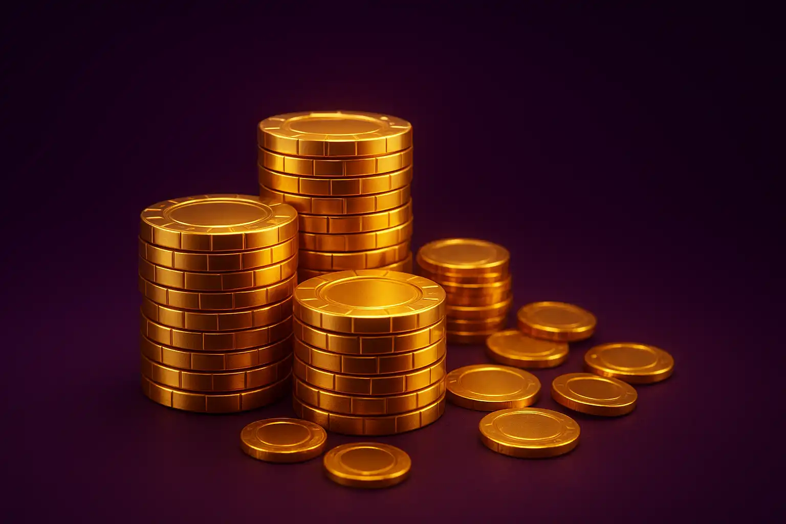 Golden bonus chips stacked against a purple casino background