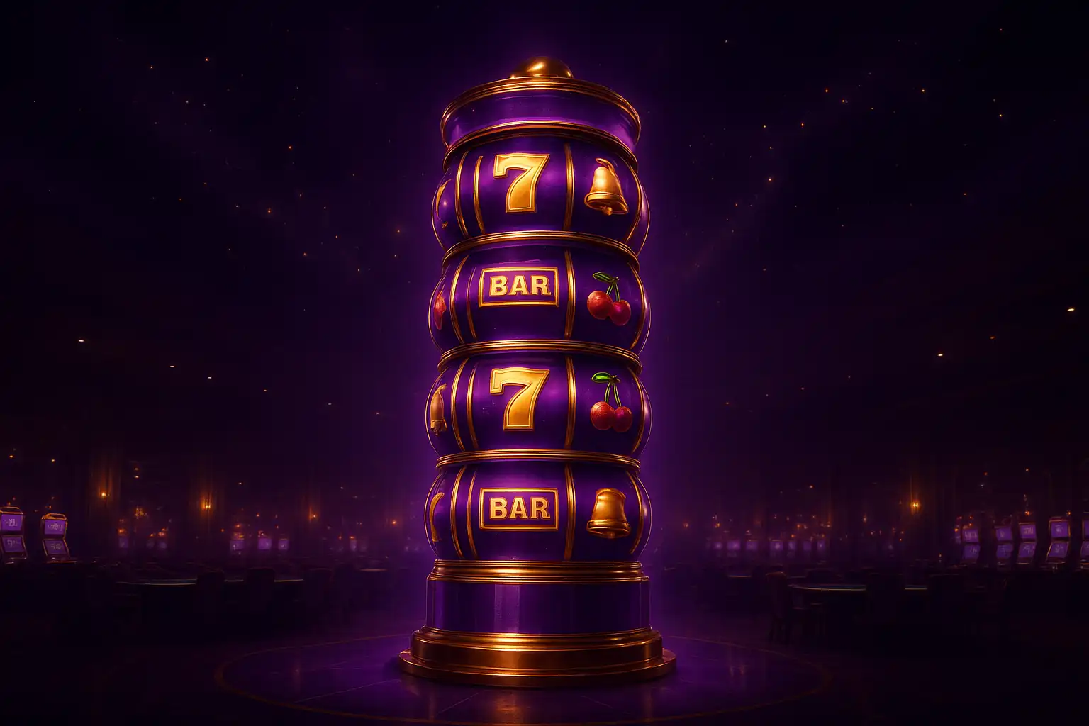 Illustration of a glowing purple and gold slot tower with spinning reels