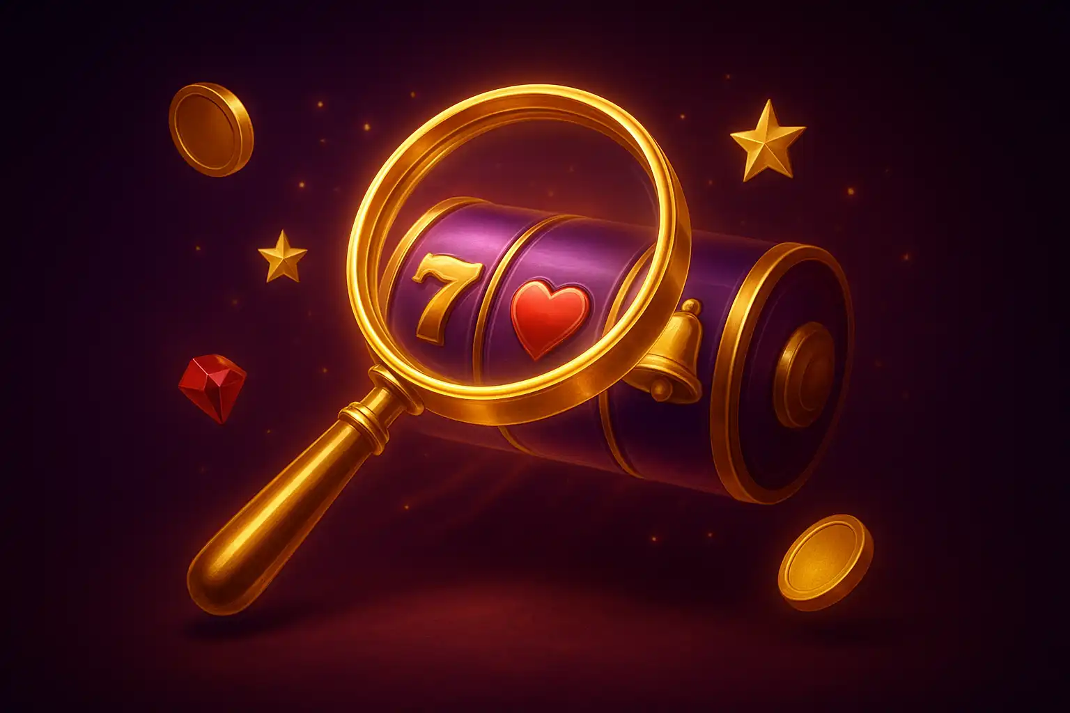 A magnifying glass hovering over a purple casino reel, symbolising a casino review