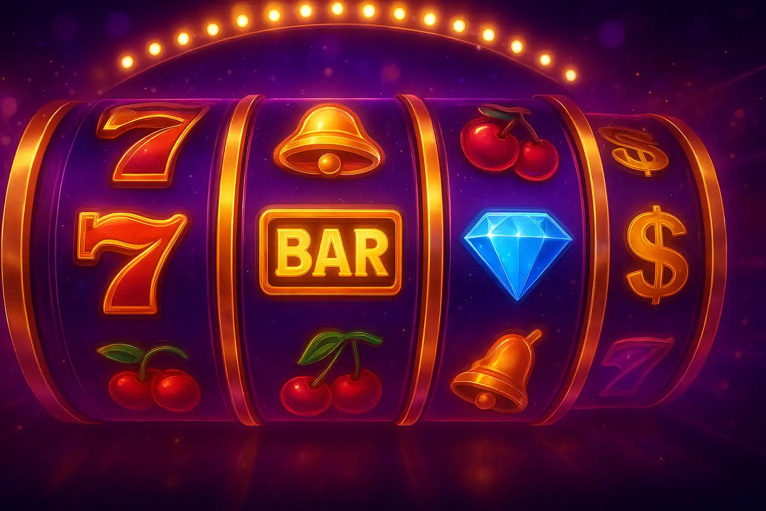 Colourful collection of slot machine reels glowing in purple and gold